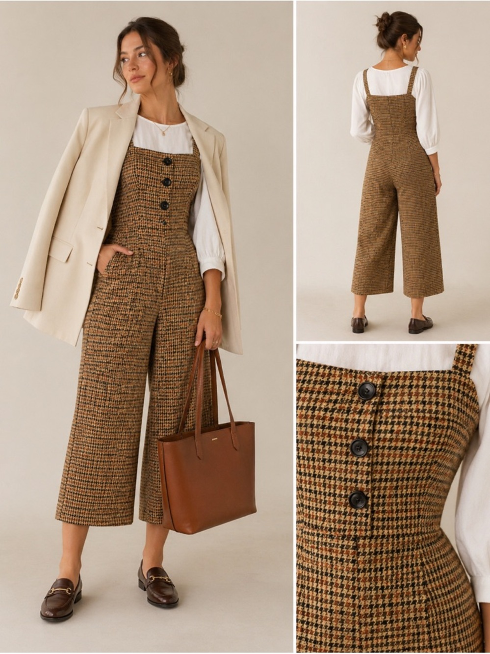 Houndstooth Wide Leg Jumpsuit Preppy  Tailored Academia Mustard Brown Culotte S